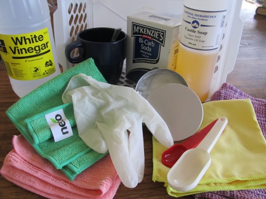 My bathroom cleaning kit. Replacing your commercial cleaning products with baking soda and other natural products is simple and effective and can go a long way towards turning our house into a ‘Healthy Home’