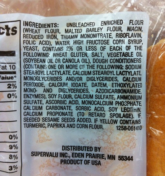 White bread packaging showing a list of ingredients which is far removed from those few ingredients found in traditional breads