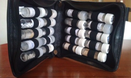 Homeopathic remedies in their zipped leather case.